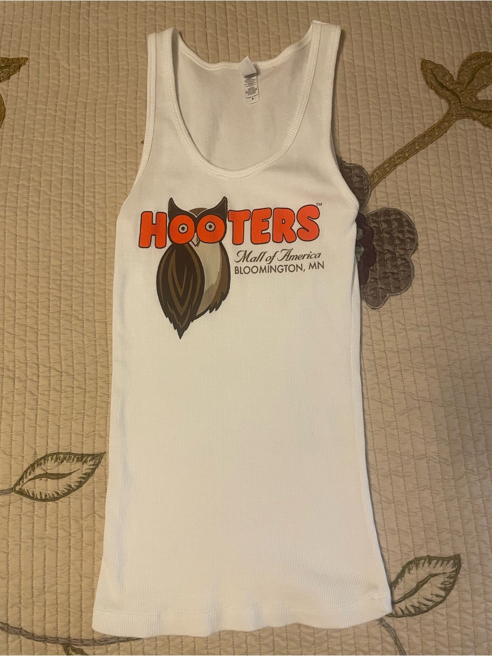 Hooters White Tank with Orange Logo and Classic Brown Owl Graphic